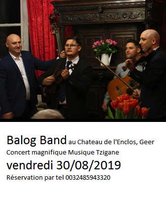 Affiche. Château de l|Enclos. Balog Band. Concert magnifique musique tzigane. 2019-08-30